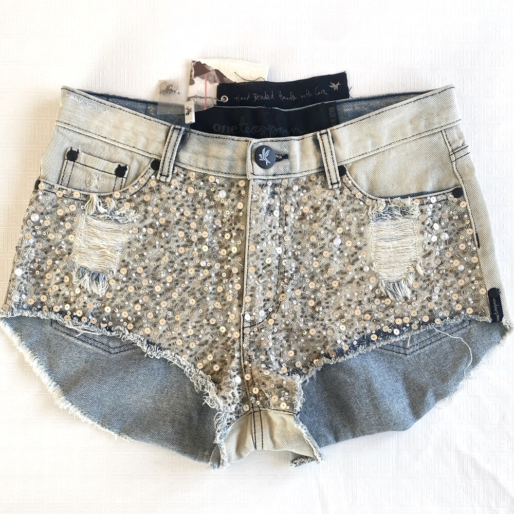 One Teaspoon Blue Jean Shorts with Sparkling Accents